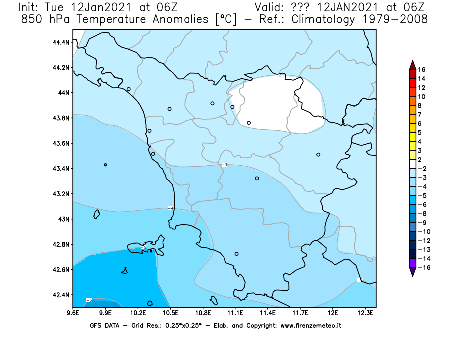 Mappa di analisi GFS - Anomalia Temperatura [°C] a 850 hPa in Toscana
							del 12/01/2021 06 <!--googleoff: index-->UTC<!--googleon: index-->