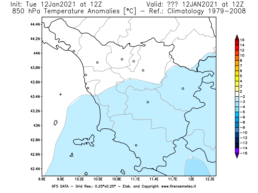 Mappa di analisi GFS - Anomalia Temperatura [°C] a 850 hPa in Toscana
									del 12/01/2021 12 <!--googleoff: index-->UTC<!--googleon: index-->