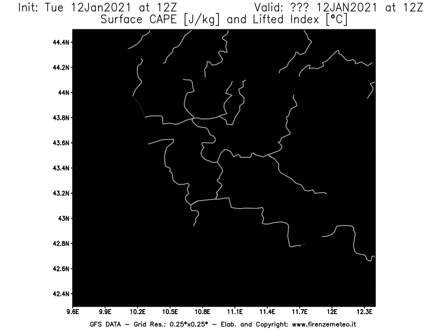 Mappa di analisi GFS - CAPE [J/kg] e Lifted Index [°C] in Toscana
							del 12/01/2021 12 <!--googleoff: index-->UTC<!--googleon: index-->
