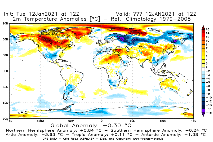 Mappa di analisi GFS - Anomalia Temperatura [°C] a 2 m in World
							del 12/01/2021 12 <!--googleoff: index-->UTC<!--googleon: index-->