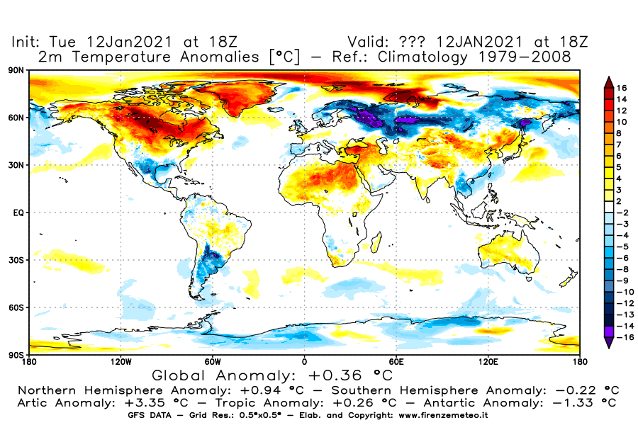 Mappa di analisi GFS - Anomalia Temperatura [°C] a 2 m in World
									del 12/01/2021 18 <!--googleoff: index-->UTC<!--googleon: index-->