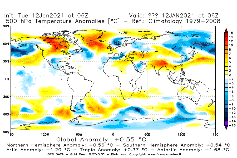 Mappa di analisi GFS - Anomalia Temperatura [°C] a 500 hPa in World
							del 12/01/2021 06 <!--googleoff: index-->UTC<!--googleon: index-->