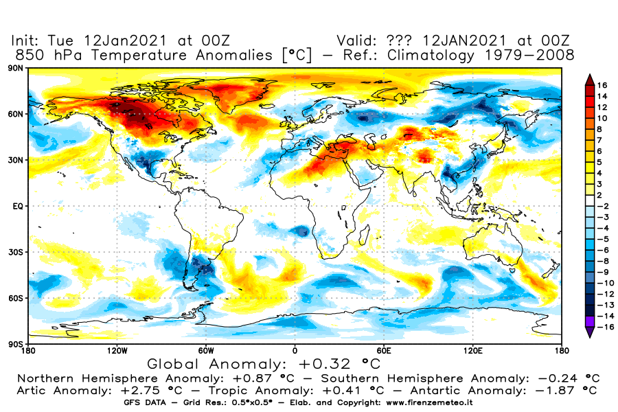 Mappa di analisi GFS - Anomalia Temperatura [°C] a 850 hPa in World
									del 12/01/2021 00 <!--googleoff: index-->UTC<!--googleon: index-->