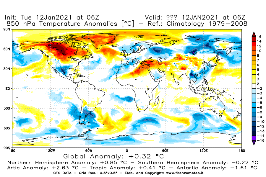 Mappa di analisi GFS - Anomalia Temperatura [°C] a 850 hPa in World
									del 12/01/2021 06 <!--googleoff: index-->UTC<!--googleon: index-->
