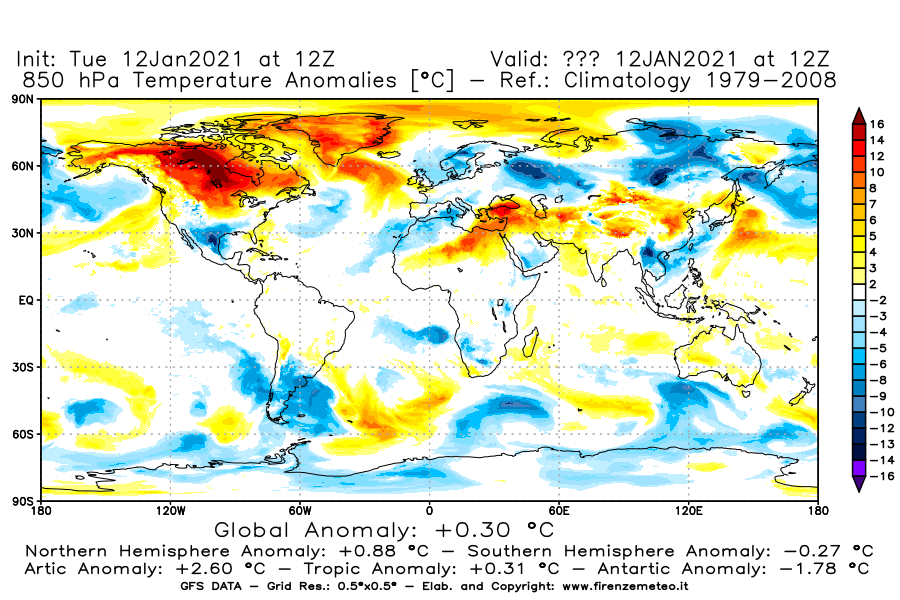 Mappa di analisi GFS - Anomalia Temperatura [°C] a 850 hPa in World
									del 12/01/2021 12 <!--googleoff: index-->UTC<!--googleon: index-->