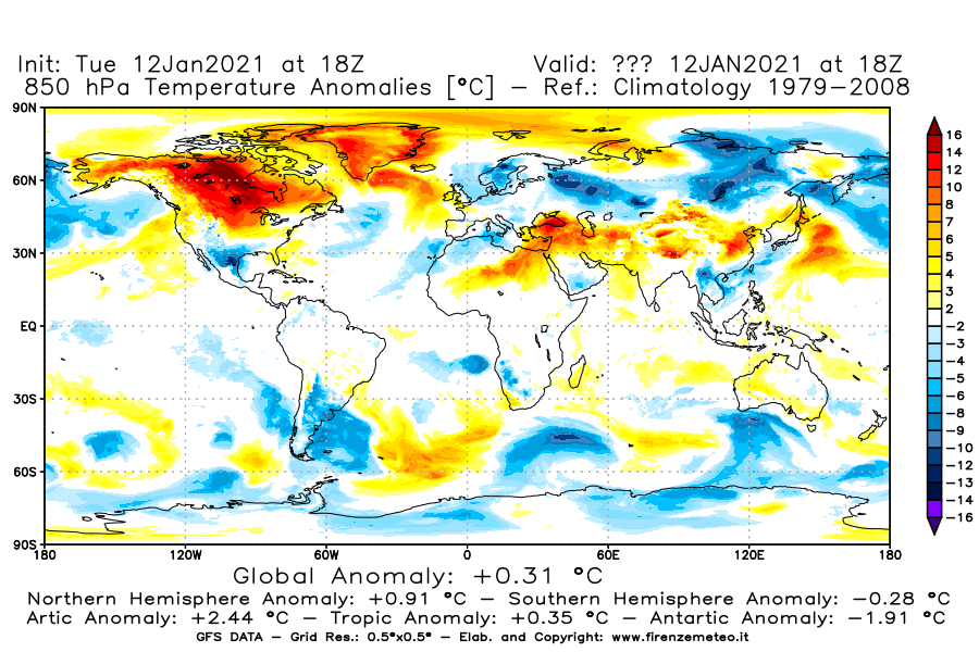 Mappa di analisi GFS - Anomalia Temperatura [°C] a 850 hPa in World
							del 12/01/2021 18 <!--googleoff: index-->UTC<!--googleon: index-->