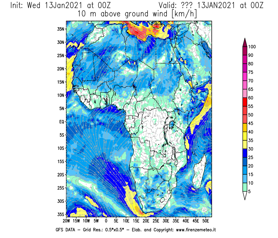 Mappa di analisi GFS - Velocità del vento a 10 metri dal suolo [km/h] in Africa
							del 13/01/2021 00 <!--googleoff: index-->UTC<!--googleon: index-->