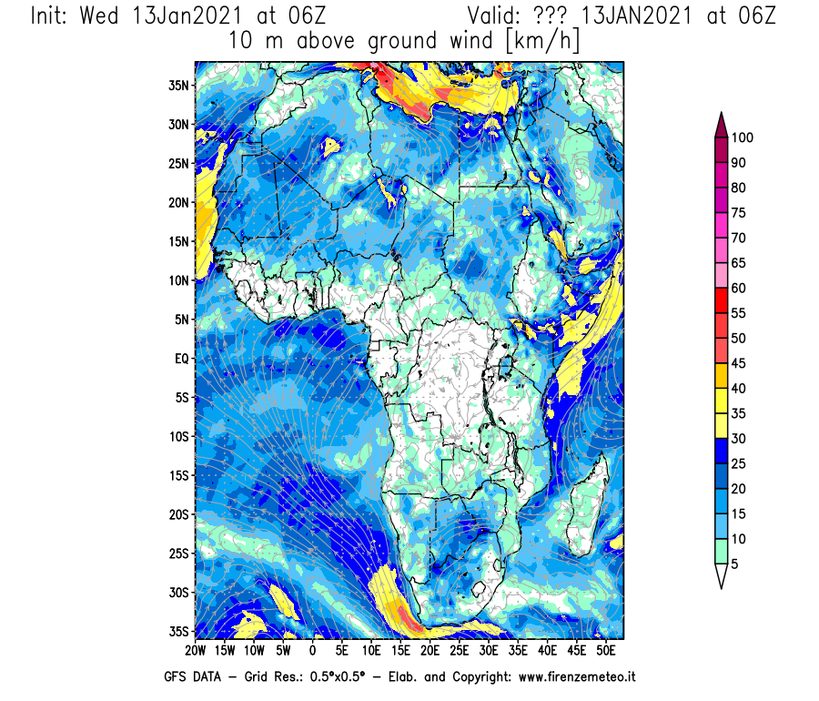 Mappa di analisi GFS - Velocità del vento a 10 metri dal suolo [km/h] in Africa
							del 13/01/2021 06 <!--googleoff: index-->UTC<!--googleon: index-->