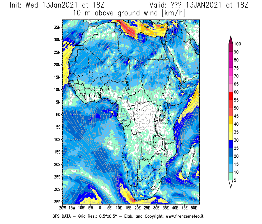 Mappa di analisi GFS - Velocità del vento a 10 metri dal suolo [km/h] in Africa
							del 13/01/2021 18 <!--googleoff: index-->UTC<!--googleon: index-->