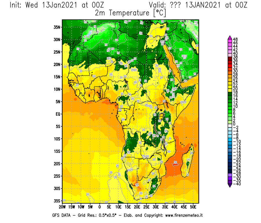 Mappa di analisi GFS - Temperatura a 2 metri dal suolo [°C] in Africa
							del 13/01/2021 00 <!--googleoff: index-->UTC<!--googleon: index-->