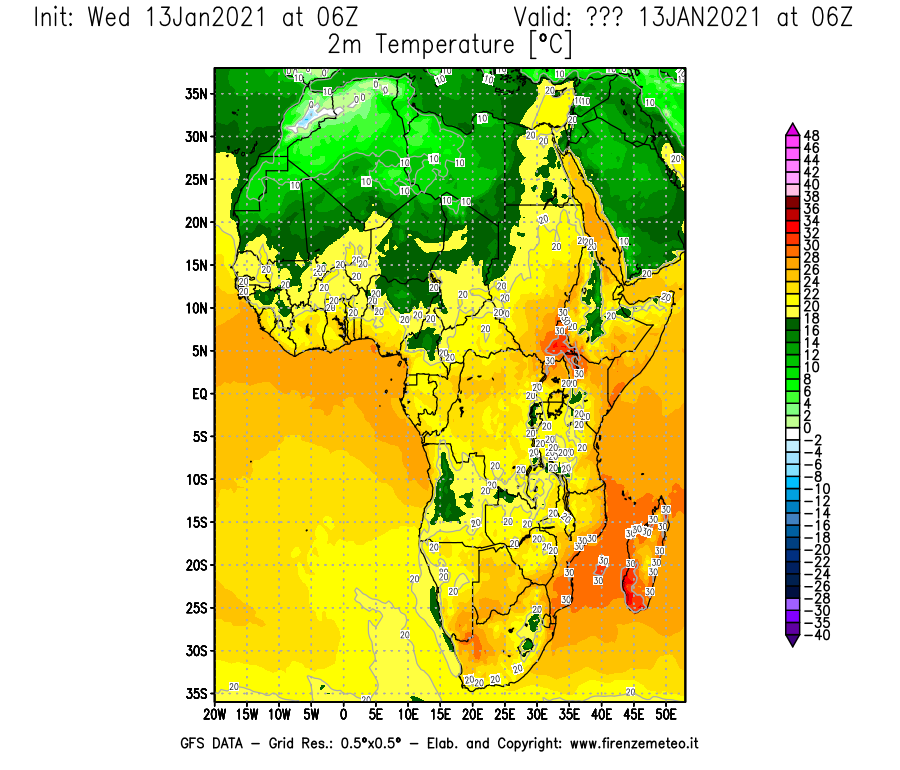 Mappa di analisi GFS - Temperatura a 2 metri dal suolo [°C] in Africa
							del 13/01/2021 06 <!--googleoff: index-->UTC<!--googleon: index-->