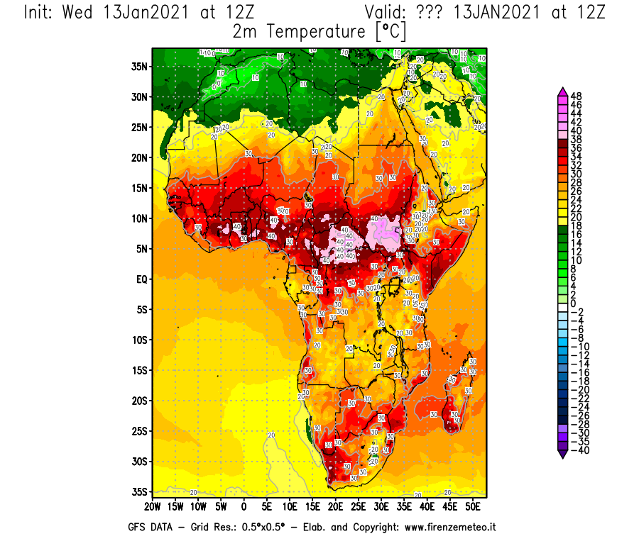 Mappa di analisi GFS - Temperatura a 2 metri dal suolo [°C] in Africa
							del 13/01/2021 12 <!--googleoff: index-->UTC<!--googleon: index-->