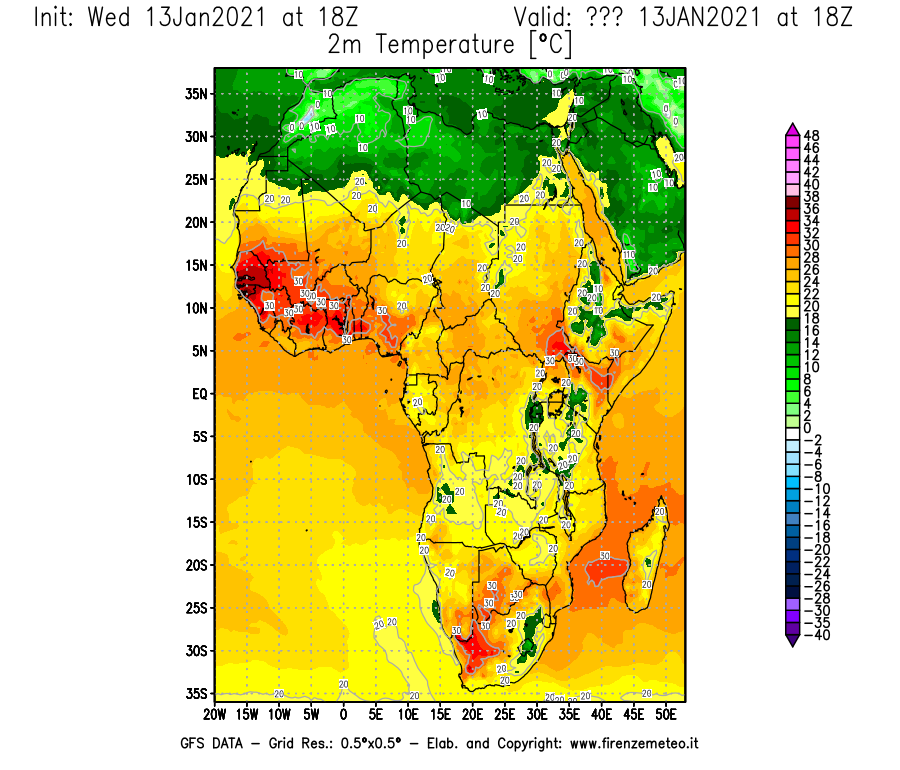 Mappa di analisi GFS - Temperatura a 2 metri dal suolo [°C] in Africa
							del 13/01/2021 18 <!--googleoff: index-->UTC<!--googleon: index-->