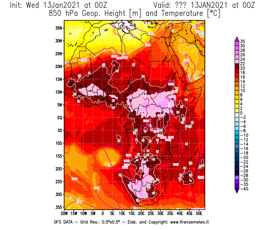 Mappa di analisi GFS - Geopotenziale [m] e Temperatura [°C] a 850 hPa in Africa
							del 13/01/2021 00 <!--googleoff: index-->UTC<!--googleon: index-->