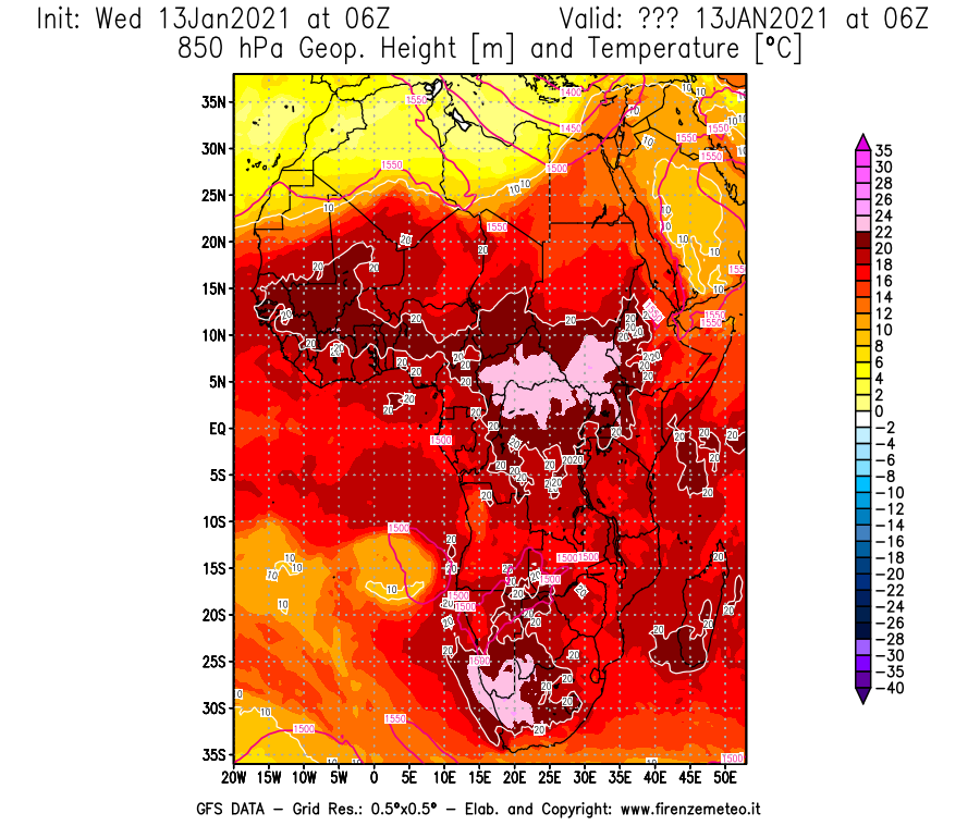 Mappa di analisi GFS - Geopotenziale [m] e Temperatura [°C] a 850 hPa in Africa
							del 13/01/2021 06 <!--googleoff: index-->UTC<!--googleon: index-->