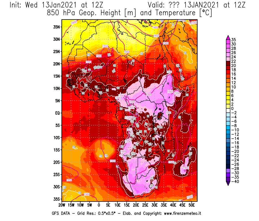 Mappa di analisi GFS - Geopotenziale [m] e Temperatura [°C] a 850 hPa in Africa
							del 13/01/2021 12 <!--googleoff: index-->UTC<!--googleon: index-->