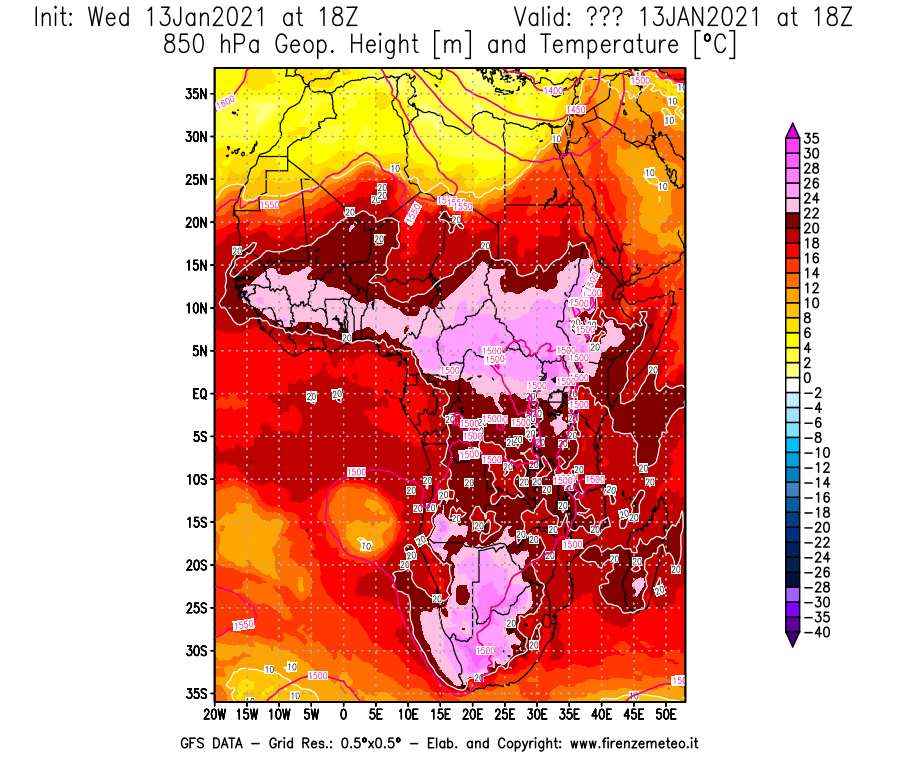Mappa di analisi GFS - Geopotenziale [m] e Temperatura [°C] a 850 hPa in Africa
							del 13/01/2021 18 <!--googleoff: index-->UTC<!--googleon: index-->