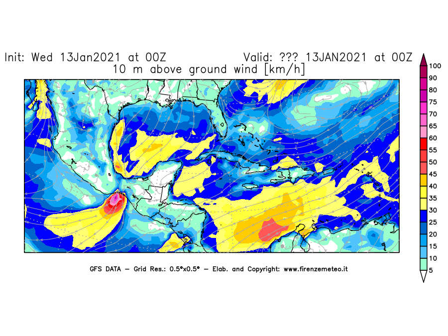 Mappa di analisi GFS - Velocità del vento a 10 metri dal suolo [km/h] in Centro-America
							del 13/01/2021 00 <!--googleoff: index-->UTC<!--googleon: index-->