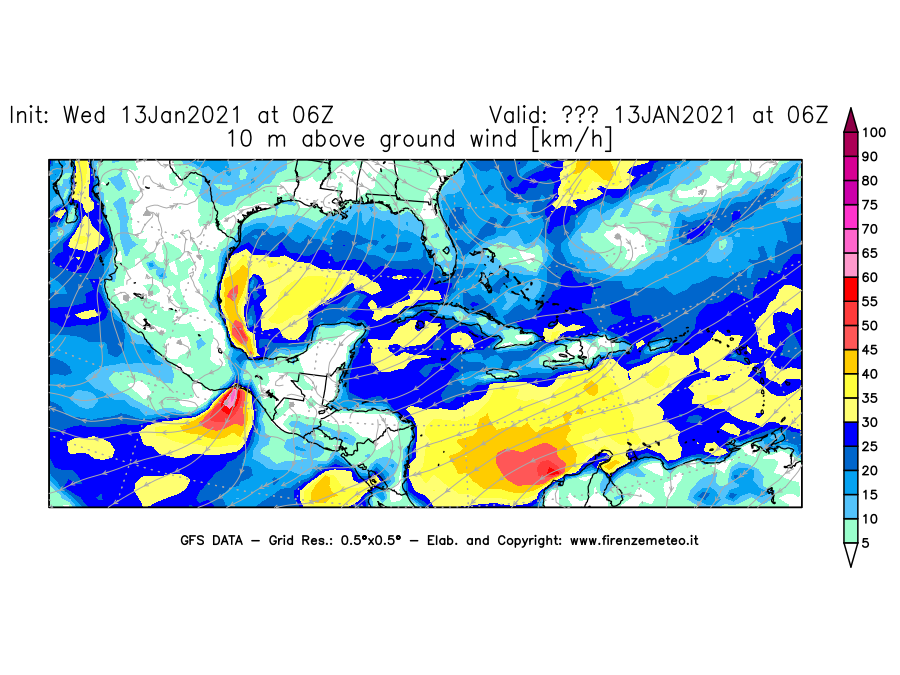 Mappa di analisi GFS - Velocità del vento a 10 metri dal suolo [km/h] in Centro-America
							del 13/01/2021 06 <!--googleoff: index-->UTC<!--googleon: index-->