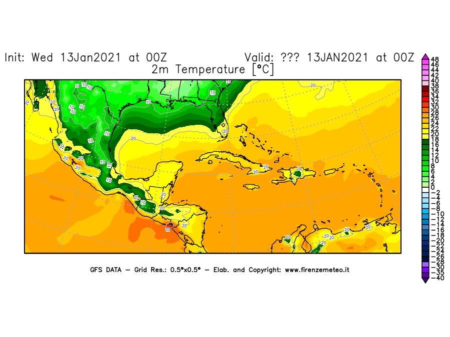 Mappa di analisi GFS - Temperatura a 2 metri dal suolo [°C] in Centro-America
							del 13/01/2021 00 <!--googleoff: index-->UTC<!--googleon: index-->