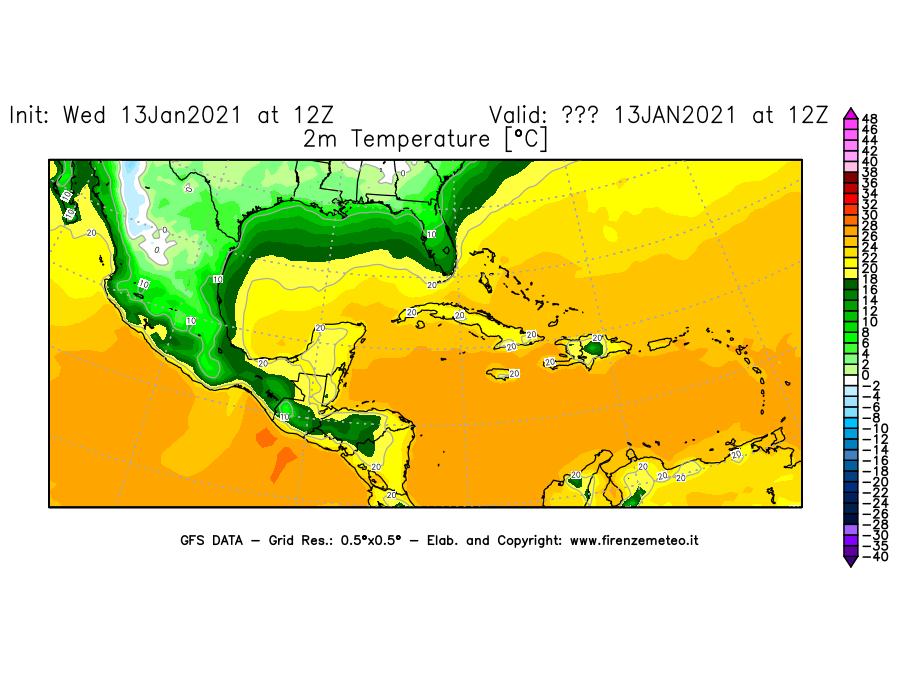 Mappa di analisi GFS - Temperatura a 2 metri dal suolo [°C] in Centro-America
							del 13/01/2021 12 <!--googleoff: index-->UTC<!--googleon: index-->