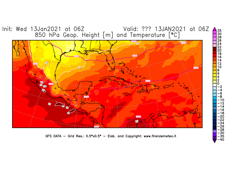 Mappa di analisi GFS - Geopotenziale [m] e Temperatura [°C] a 850 hPa in Centro-America
							del 13/01/2021 06 <!--googleoff: index-->UTC<!--googleon: index-->