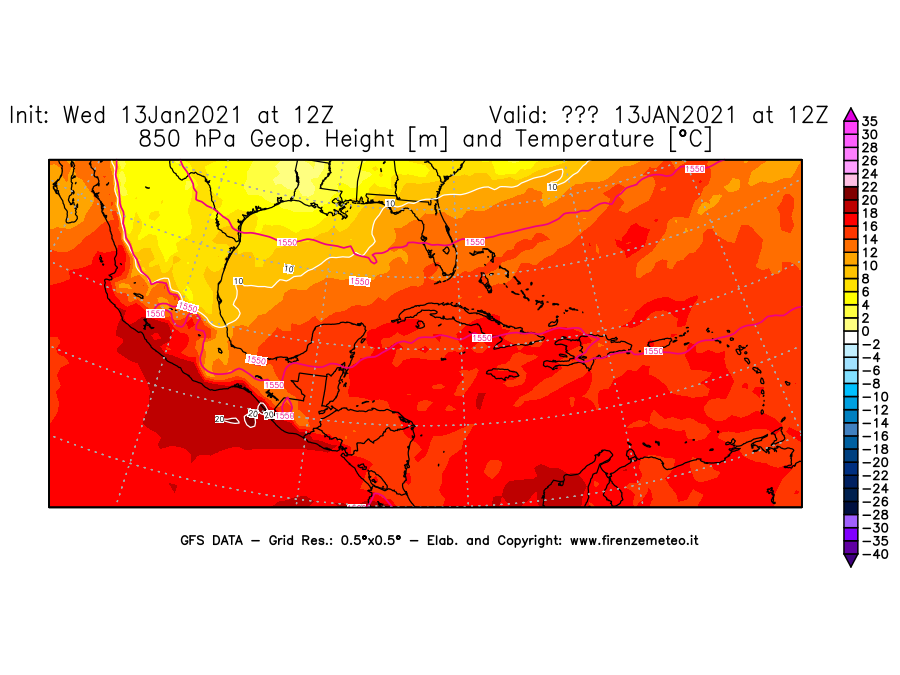 Mappa di analisi GFS - Geopotenziale [m] e Temperatura [°C] a 850 hPa in Centro-America
							del 13/01/2021 12 <!--googleoff: index-->UTC<!--googleon: index-->