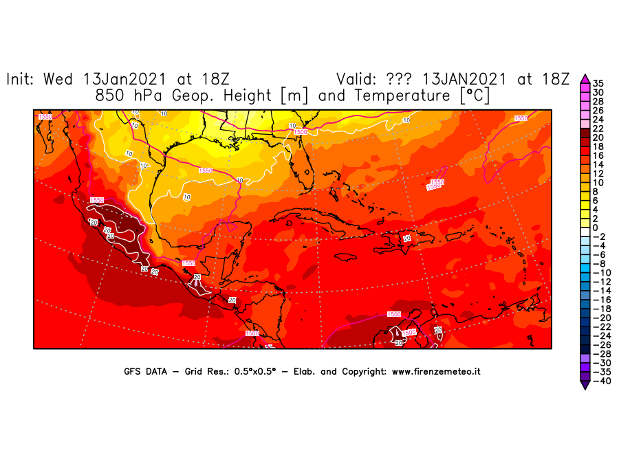 Mappa di analisi GFS - Geopotenziale [m] e Temperatura [°C] a 850 hPa in Centro-America
							del 13/01/2021 18 <!--googleoff: index-->UTC<!--googleon: index-->
