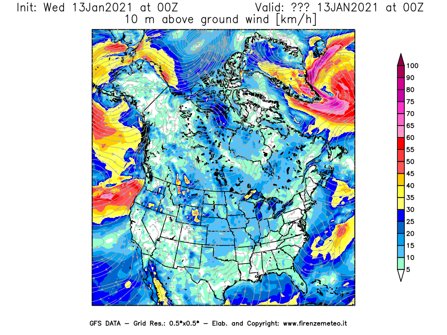 Mappa di analisi GFS - Velocità del vento a 10 metri dal suolo [km/h] in Nord-America
							del 13/01/2021 00 <!--googleoff: index-->UTC<!--googleon: index-->