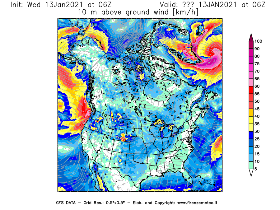 Mappa di analisi GFS - Velocità del vento a 10 metri dal suolo [km/h] in Nord-America
							del 13/01/2021 06 <!--googleoff: index-->UTC<!--googleon: index-->
