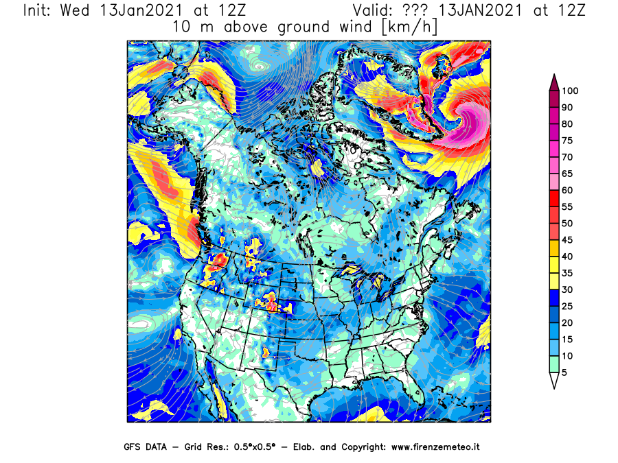 Mappa di analisi GFS - Velocità del vento a 10 metri dal suolo [km/h] in Nord-America
							del 13/01/2021 12 <!--googleoff: index-->UTC<!--googleon: index-->