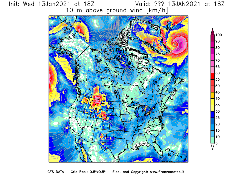 Mappa di analisi GFS - Velocità del vento a 10 metri dal suolo [km/h] in Nord-America
							del 13/01/2021 18 <!--googleoff: index-->UTC<!--googleon: index-->