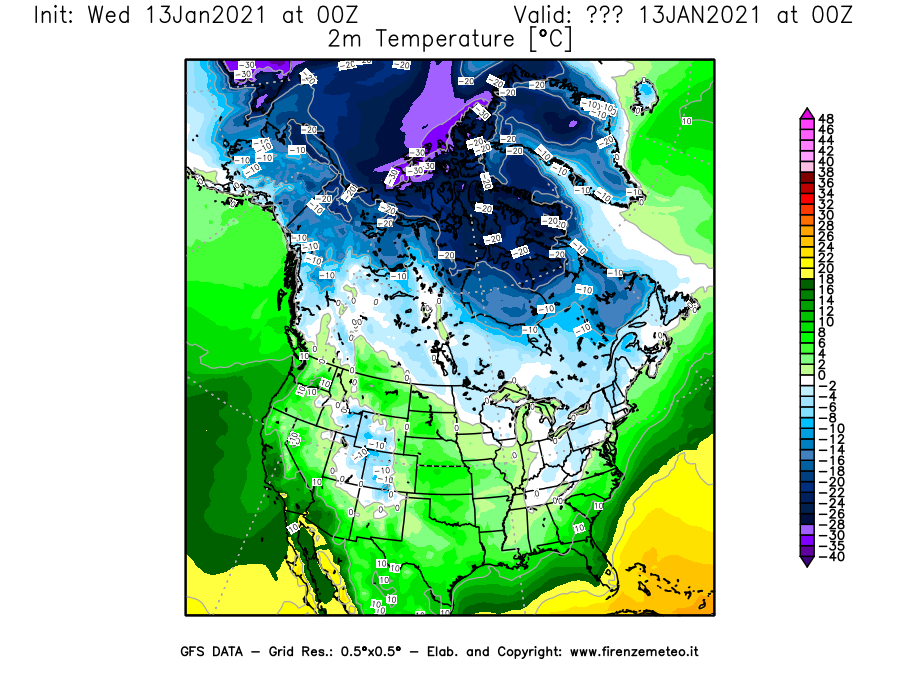 Mappa di analisi GFS - Temperatura a 2 metri dal suolo [°C] in Nord-America
							del 13/01/2021 00 <!--googleoff: index-->UTC<!--googleon: index-->