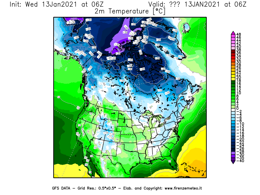 Mappa di analisi GFS - Temperatura a 2 metri dal suolo [°C] in Nord-America
							del 13/01/2021 06 <!--googleoff: index-->UTC<!--googleon: index-->