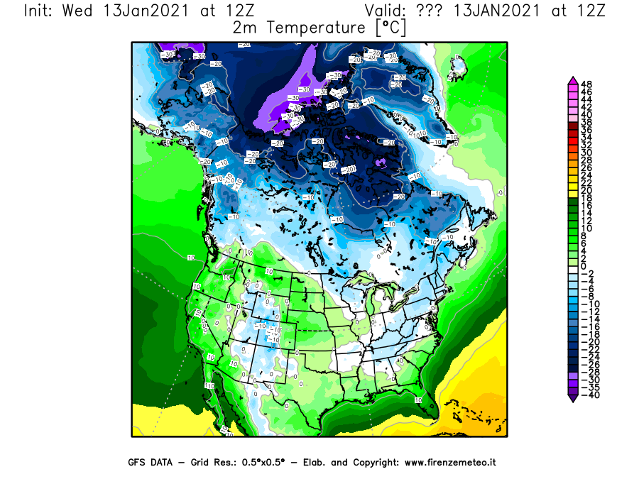 Mappa di analisi GFS - Temperatura a 2 metri dal suolo [°C] in Nord-America
							del 13/01/2021 12 <!--googleoff: index-->UTC<!--googleon: index-->