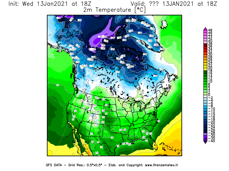 Mappa di analisi GFS - Temperatura a 2 metri dal suolo [°C] in Nord-America
							del 13/01/2021 18 <!--googleoff: index-->UTC<!--googleon: index-->