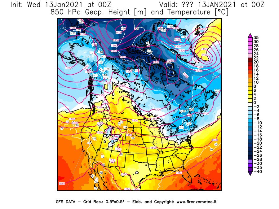 Mappa di analisi GFS - Geopotenziale [m] e Temperatura [°C] a 850 hPa in Nord-America
							del 13/01/2021 00 <!--googleoff: index-->UTC<!--googleon: index-->