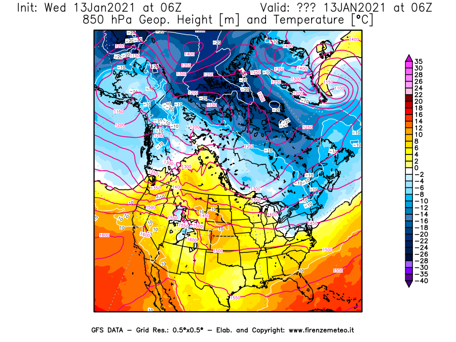 Mappa di analisi GFS - Geopotenziale [m] e Temperatura [°C] a 850 hPa in Nord-America
							del 13/01/2021 06 <!--googleoff: index-->UTC<!--googleon: index-->