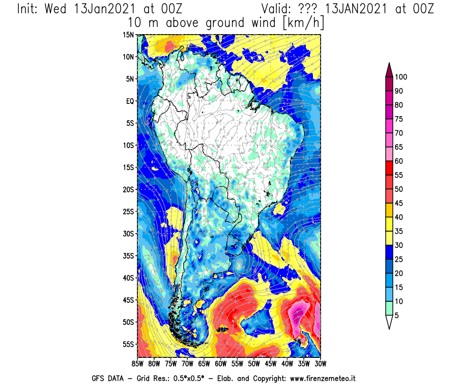 Mappa di analisi GFS - Velocità del vento a 10 metri dal suolo [km/h] in Sud-America
							del 13/01/2021 00 <!--googleoff: index-->UTC<!--googleon: index-->