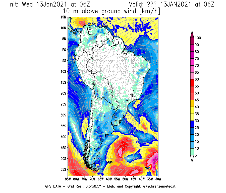 Mappa di analisi GFS - Velocità del vento a 10 metri dal suolo [km/h] in Sud-America
							del 13/01/2021 06 <!--googleoff: index-->UTC<!--googleon: index-->