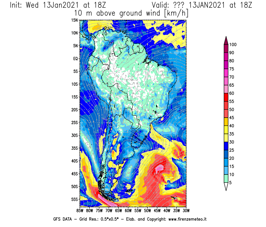 Mappa di analisi GFS - Velocità del vento a 10 metri dal suolo [km/h] in Sud-America
							del 13/01/2021 18 <!--googleoff: index-->UTC<!--googleon: index-->