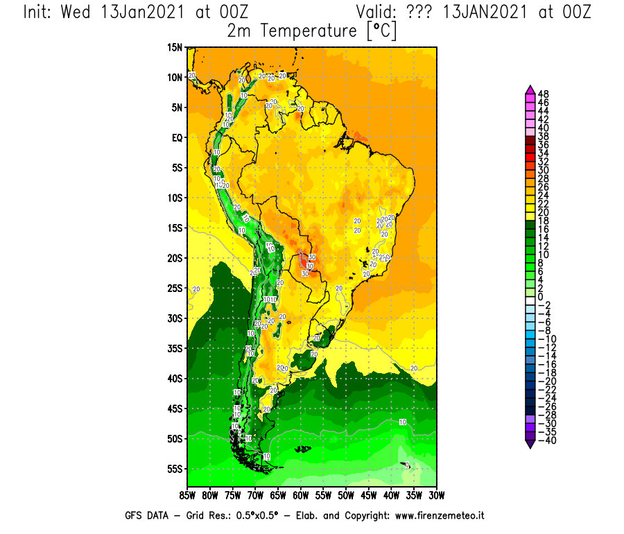 Mappa di analisi GFS - Temperatura a 2 metri dal suolo [°C] in Sud-America
							del 13/01/2021 00 <!--googleoff: index-->UTC<!--googleon: index-->
