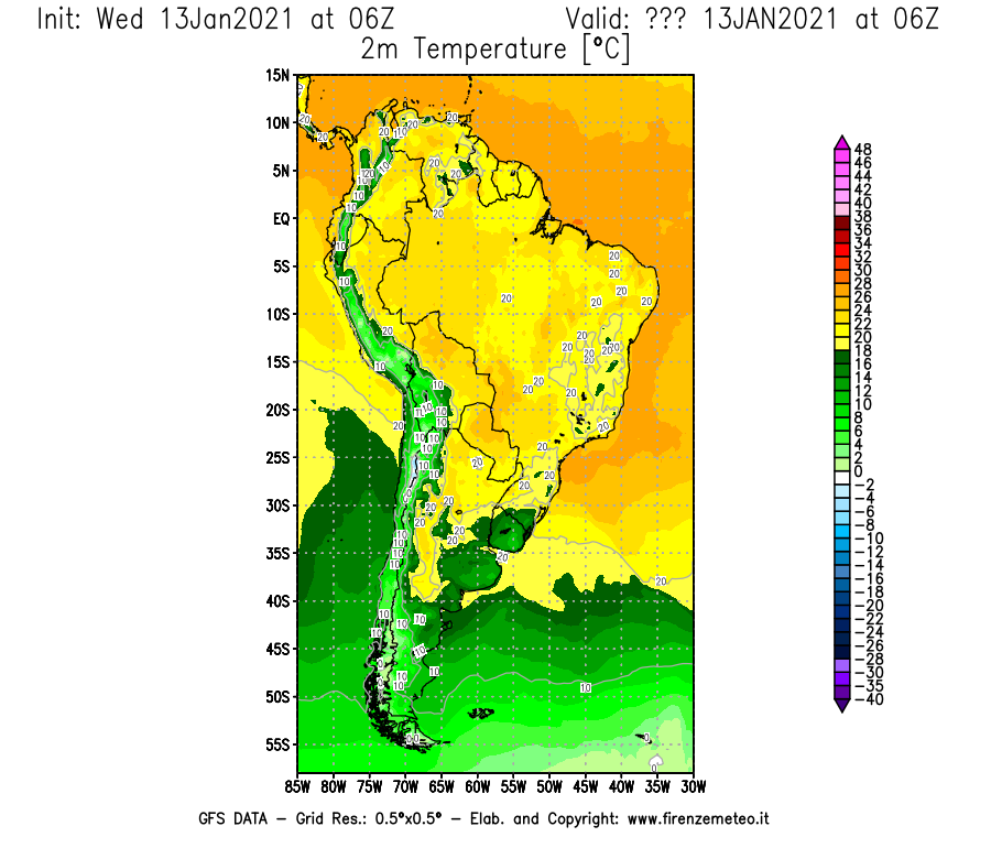 Mappa di analisi GFS - Temperatura a 2 metri dal suolo [°C] in Sud-America
							del 13/01/2021 06 <!--googleoff: index-->UTC<!--googleon: index-->