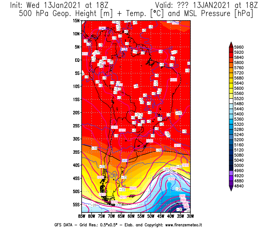 Mappa di analisi GFS - Geopotenziale [m] + Temp. [°C] a 500 hPa + Press. a livello del mare [hPa] in Sud-America
							del 13/01/2021 18 <!--googleoff: index-->UTC<!--googleon: index-->