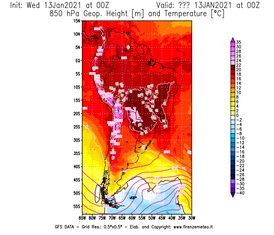 Mappa di analisi GFS - Geopotenziale [m] e Temperatura [°C] a 850 hPa in Sud-America
							del 13/01/2021 00 <!--googleoff: index-->UTC<!--googleon: index-->