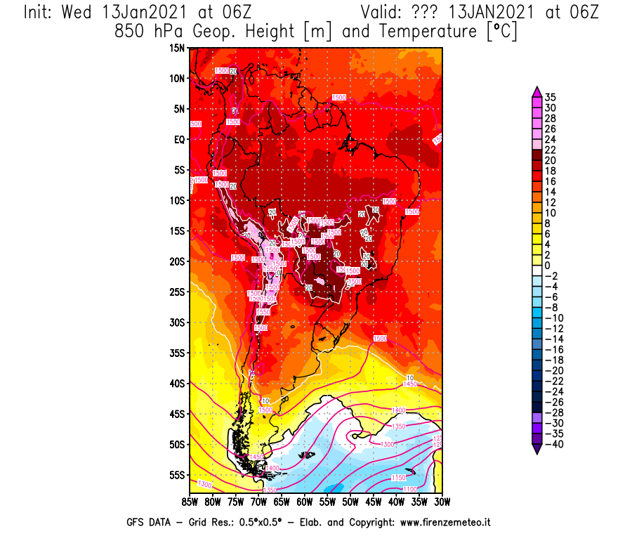 Mappa di analisi GFS - Geopotenziale [m] e Temperatura [°C] a 850 hPa in Sud-America
							del 13/01/2021 06 <!--googleoff: index-->UTC<!--googleon: index-->