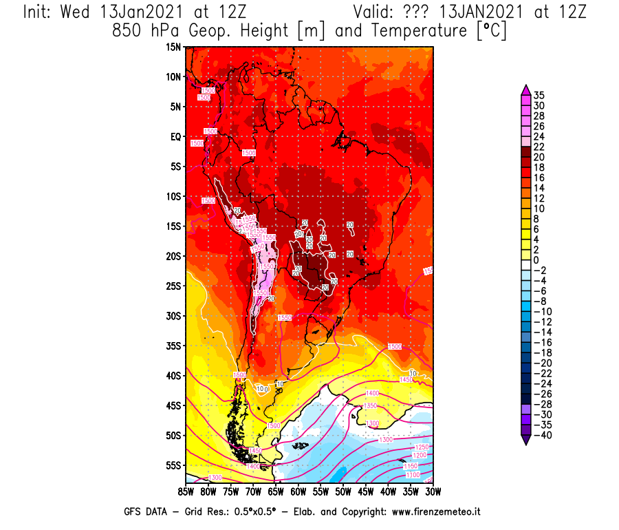 Mappa di analisi GFS - Geopotenziale [m] e Temperatura [°C] a 850 hPa in Sud-America
							del 13/01/2021 12 <!--googleoff: index-->UTC<!--googleon: index-->
