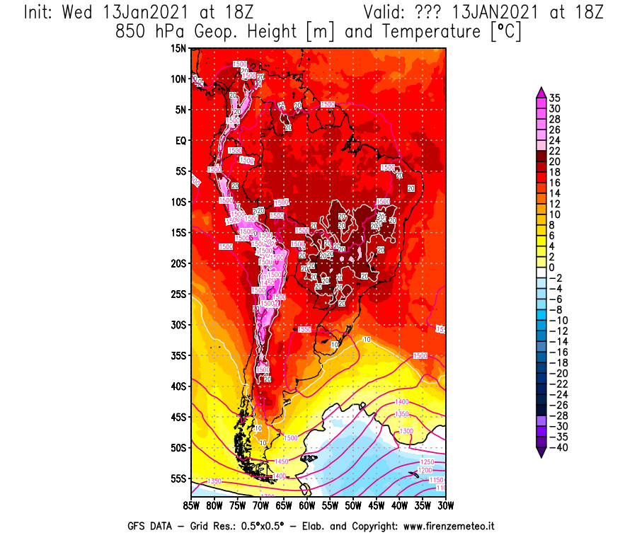Mappa di analisi GFS - Geopotenziale [m] e Temperatura [°C] a 850 hPa in Sud-America
							del 13/01/2021 18 <!--googleoff: index-->UTC<!--googleon: index-->