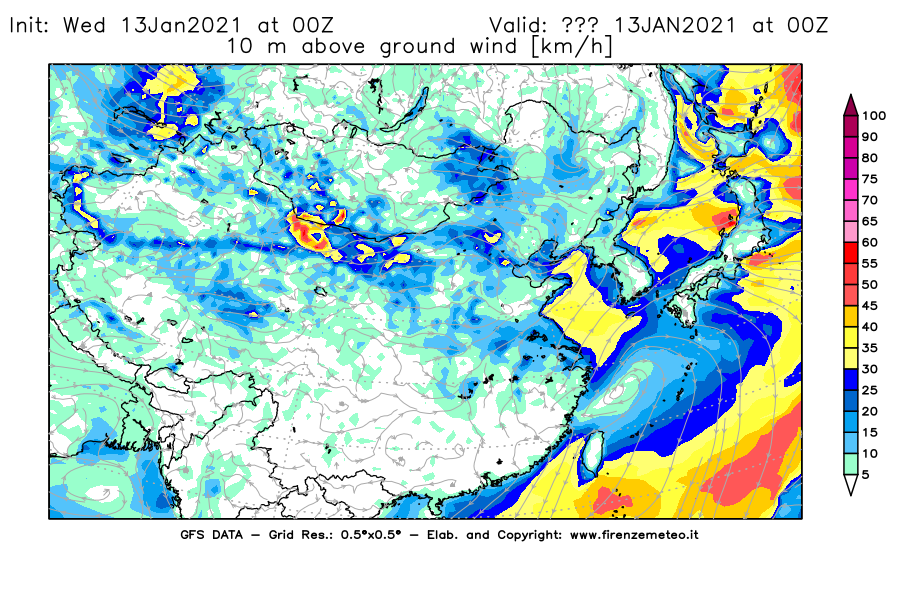 Mappa di analisi GFS - Velocità del vento a 10 metri dal suolo [km/h] in Asia Orientale
							del 13/01/2021 00 <!--googleoff: index-->UTC<!--googleon: index-->