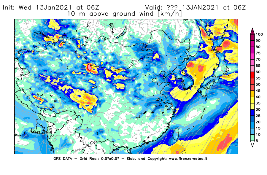 Mappa di analisi GFS - Velocità del vento a 10 metri dal suolo [km/h] in Asia Orientale
							del 13/01/2021 06 <!--googleoff: index-->UTC<!--googleon: index-->